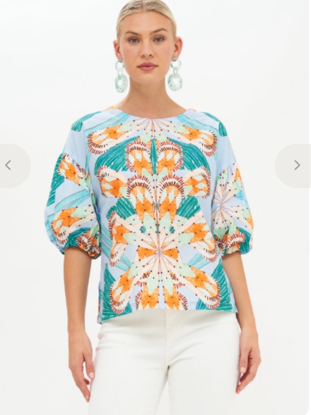 OLIPHANT Palmetto Cotton Geometric Printed Boxy Top Light Blue, Teal Orange XS